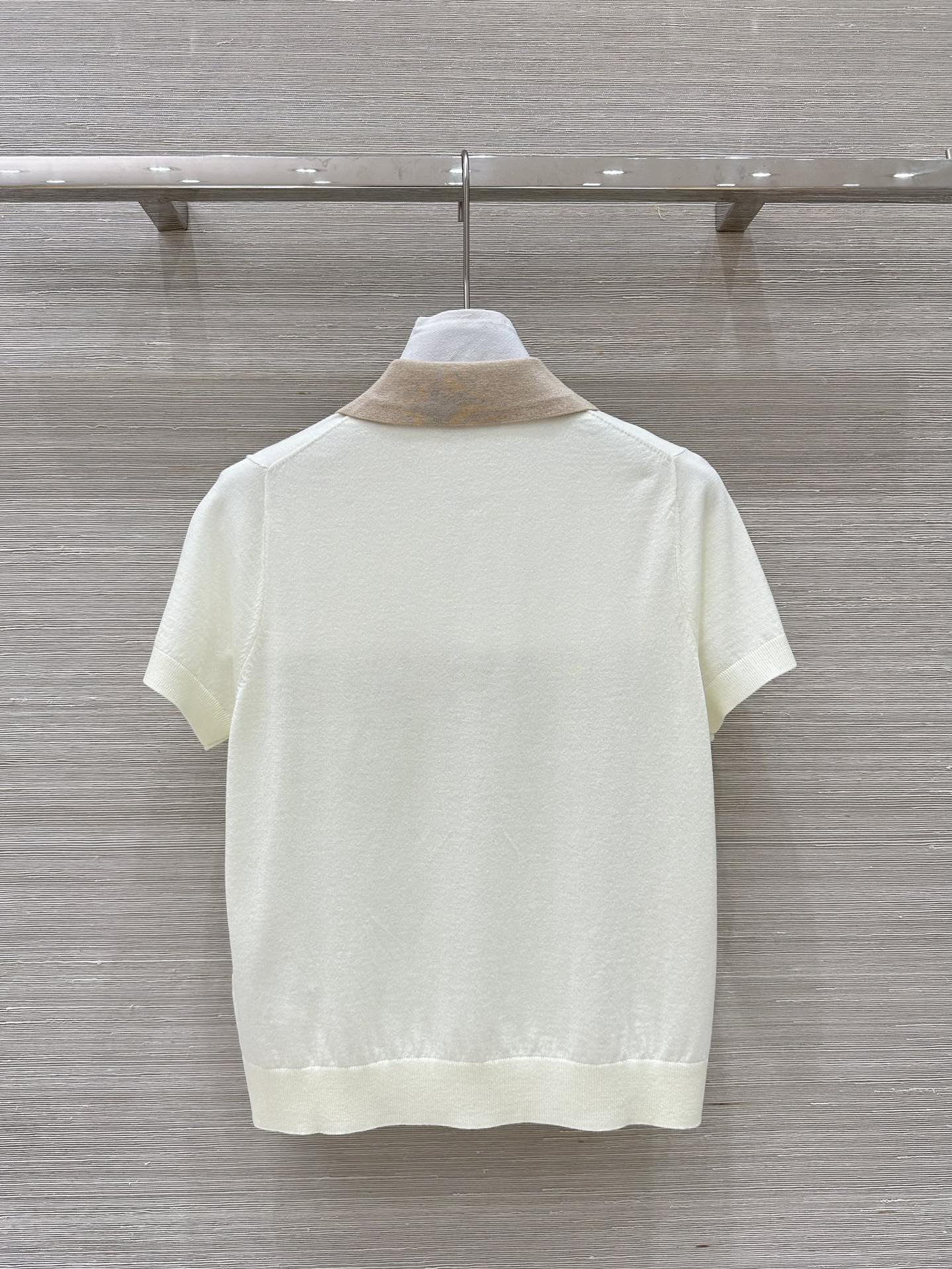 Miu Miu 25 Polo Collar Short-sleeve Knitted Top Beige Wool