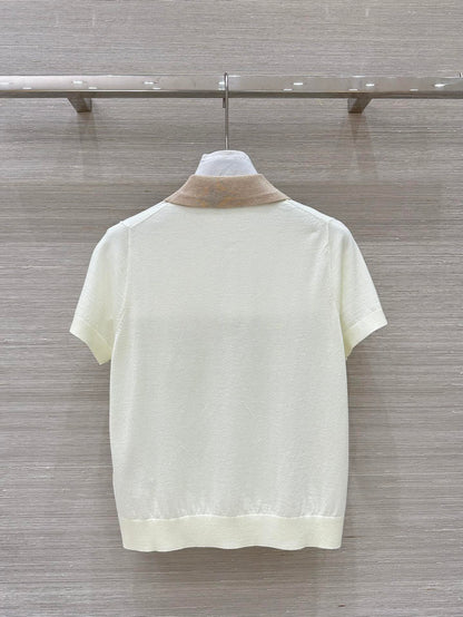 Miu Miu 25 Polo Collar Short-sleeve Knitted Top Beige Wool