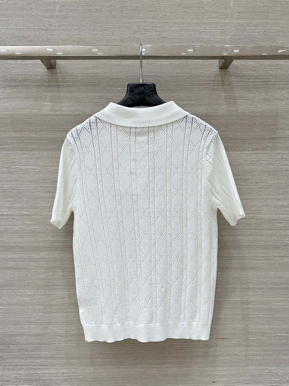 CD 25 Hollow Polo Knitted Short-sleeved Top White Silk Wool