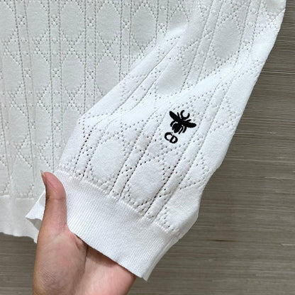 CD 25 Hollow Polo Knitted Short-sleeved Top White Silk Wool