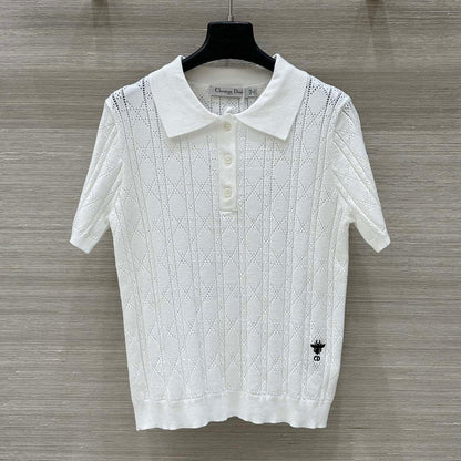 CD 25 Hollow Polo Knitted Short-sleeved Top White Silk Wool