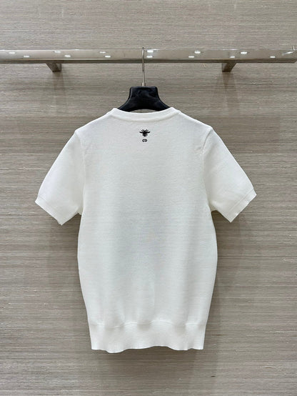 CD 25 Snake Embroidery Knitted Short-sleeved Top White Tencel Wool