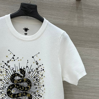 CD 25 Snake Embroidery Knitted Short-sleeved Top White Tencel Wool