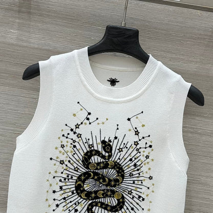 CD 25 Snake Embroidery Knitted Vest Top White Tencel Wool