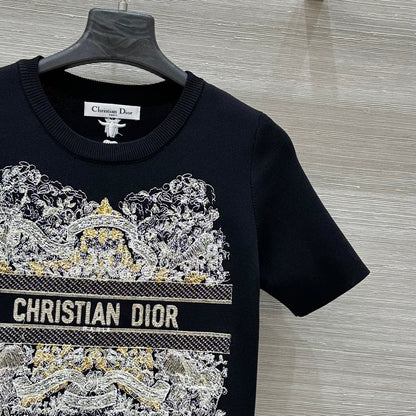 CD 25 Star Embroidery Knitted Short-sleeved Top Black Tencel Wool