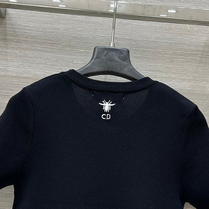 CD 25 Star Embroidery Knitted Short-sleeved Top Black Tencel Wool