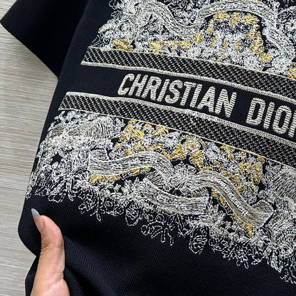 CD 25 Star Embroidery Knitted Short-sleeved Top Black Tencel Wool