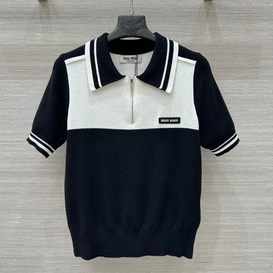 Miu Miu 25 Polo Collar Short-sleeved Top Black White Tencel