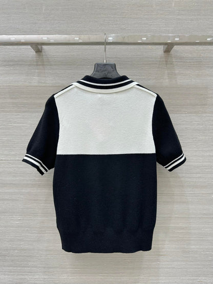 Miu Miu 25 Polo Collar Short-sleeved Top Black White Tencel