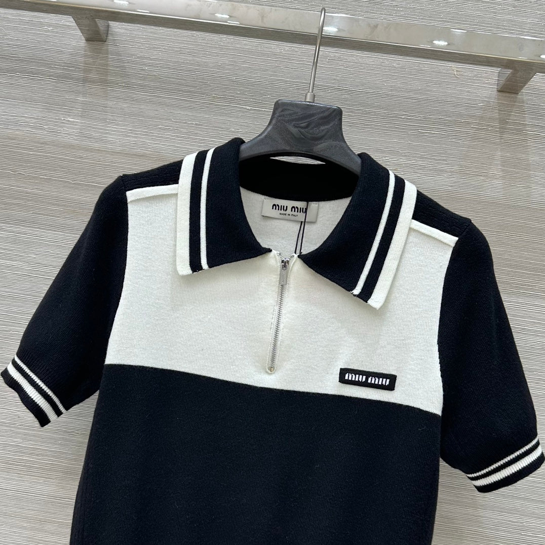 Miu Miu 25 Polo Collar Short-sleeved Top Black White Tencel