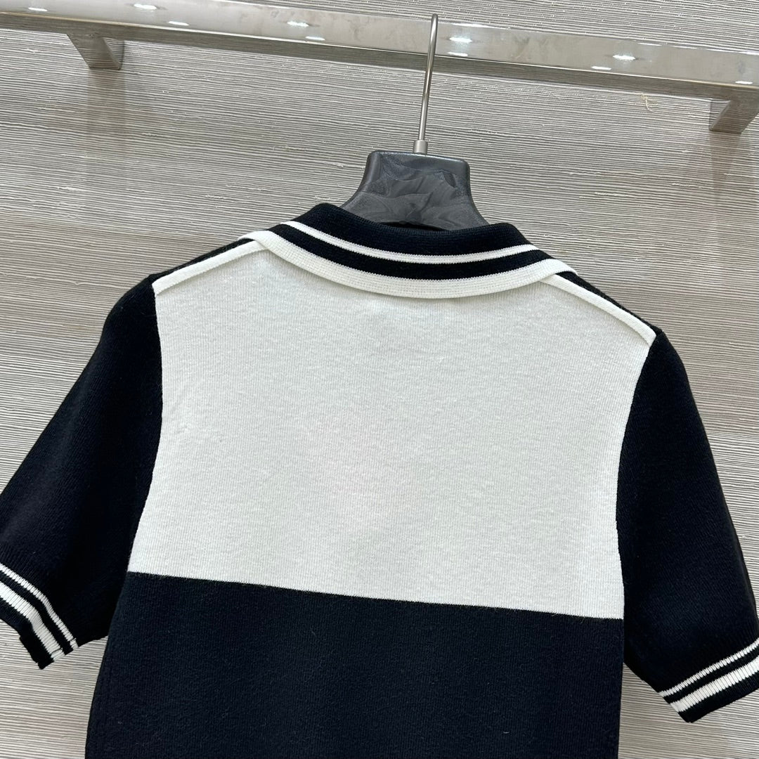 Miu Miu 25 Polo Collar Short-sleeved Top Black White Tencel