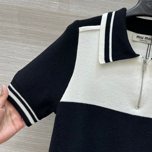 Miu Miu 25 Polo Collar Short-sleeved Top Black White Tencel