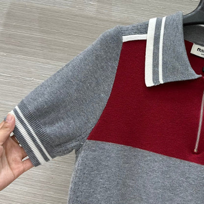 Miu Miu 25 Polo Collar Short-sleeved Top Gray red Tencel