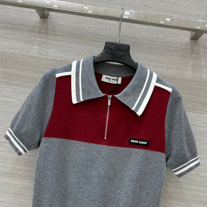 Miu Miu 25 Polo Collar Short-sleeved Top Gray red Tencel