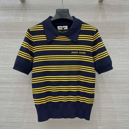 Miu Miu 25 Striped Polo Top Dark Blue Yellow Wool