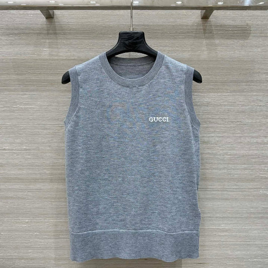 Gucci 2025 Logo Embroidered Knitted Vest Top Gray Wool