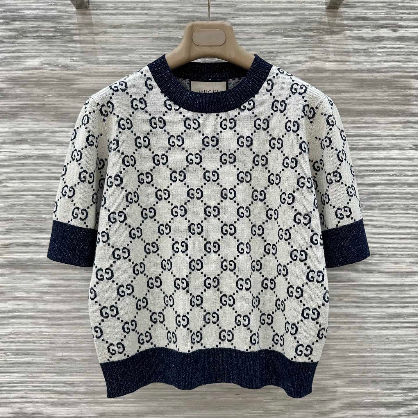 Gucci 2025 Knitted Round Neck Short-sleeved Top Blue Gray Cotton