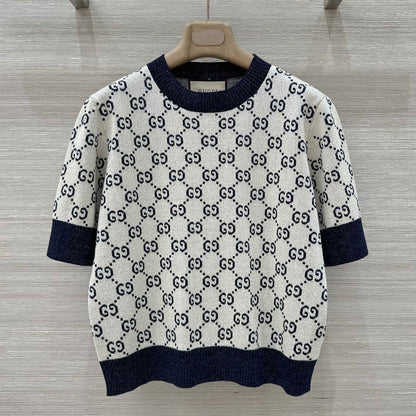 Gucci 2025 Knitted Round Neck Short-sleeved Top Blue Gray Cotton