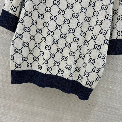 Gucci 2025 Knitted Round Neck Short-sleeved Top Blue Gray Cotton