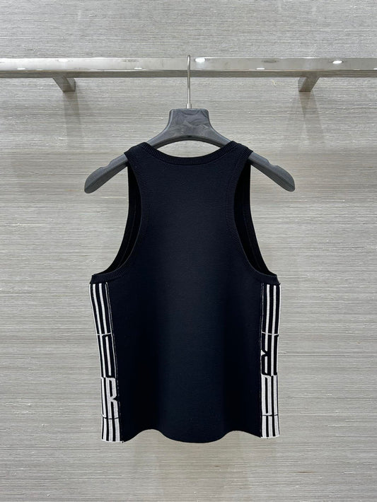 CD 25 Embroidery Knitted Vest Top Black Polyester Cotton