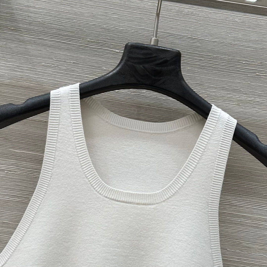 CD 25 Embroidery Knitted Vest Top White Polyester Cotton