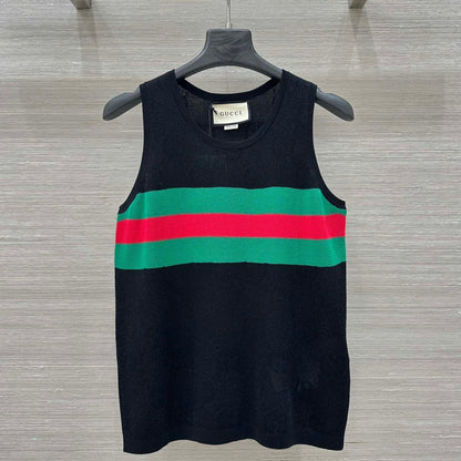 Gucci 25 Embroidered Jacquard Mesh Vest Top Black Tencel