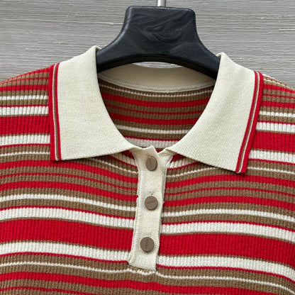 Fendi 25 Knitted Polo Short-sleeved Top Red Silk Cotton