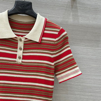 Fendi 25 Knitted Polo Short-sleeved Top Red Silk Cotton