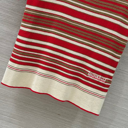 Fendi 25 Knitted Polo Short-sleeved Top Red Silk Cotton
