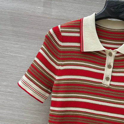 Fendi 25 Knitted Polo Short-sleeved Top Red Silk Cotton