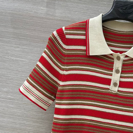 Fendi 25 Knitted Polo Short-sleeved Top Red Silk Cotton