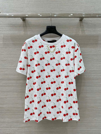LV Classic Monogram Print Cherry White Red Cotton