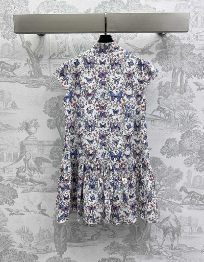 CD Short Dress White Cotton Muslin with Multicolor Motif