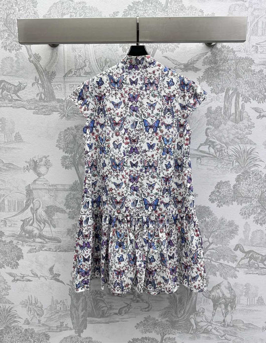 CD Short Dress White Cotton Muslin with Multicolor Motif