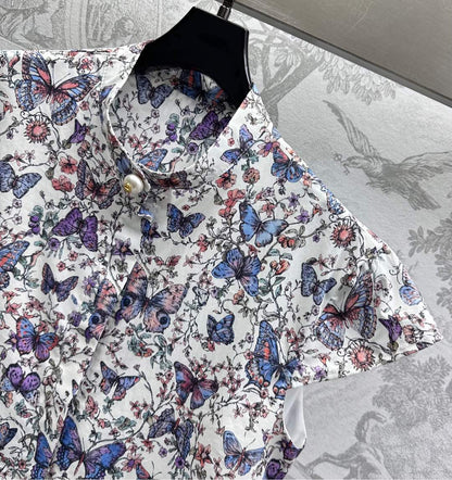 CD Short Dress White Cotton Muslin with Multicolor Motif