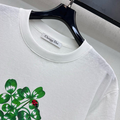 CD SS26 Fitted T-Shirt Green Dior Clover Motif White Cotton 351003