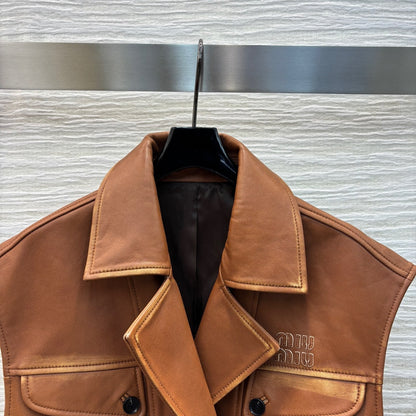 Miu Miu 25 Leather Vest Jacket Brown Lambskin