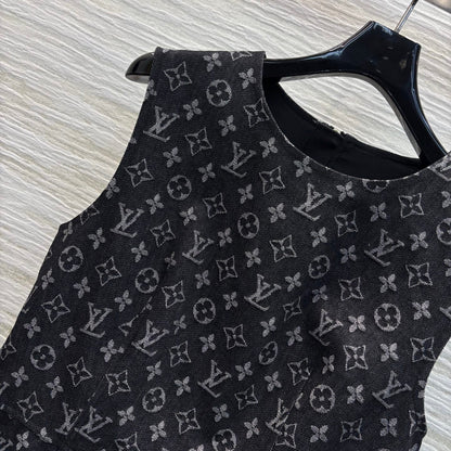 LV 25 Logo Jacquard Sleeveless Denim Straight Dress Black Cotton