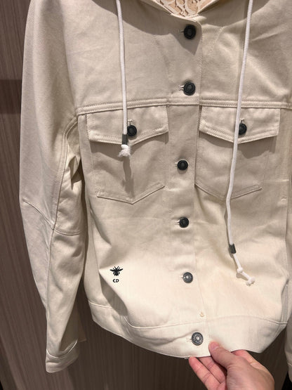 CD Hooded Denim Jacket With Monogram Lining White Beige Cotton
