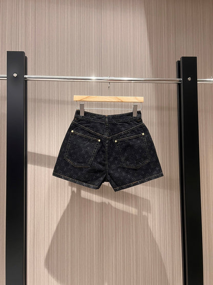 LV Flower Jacquard Denim Shorts Black Blue Cotton
