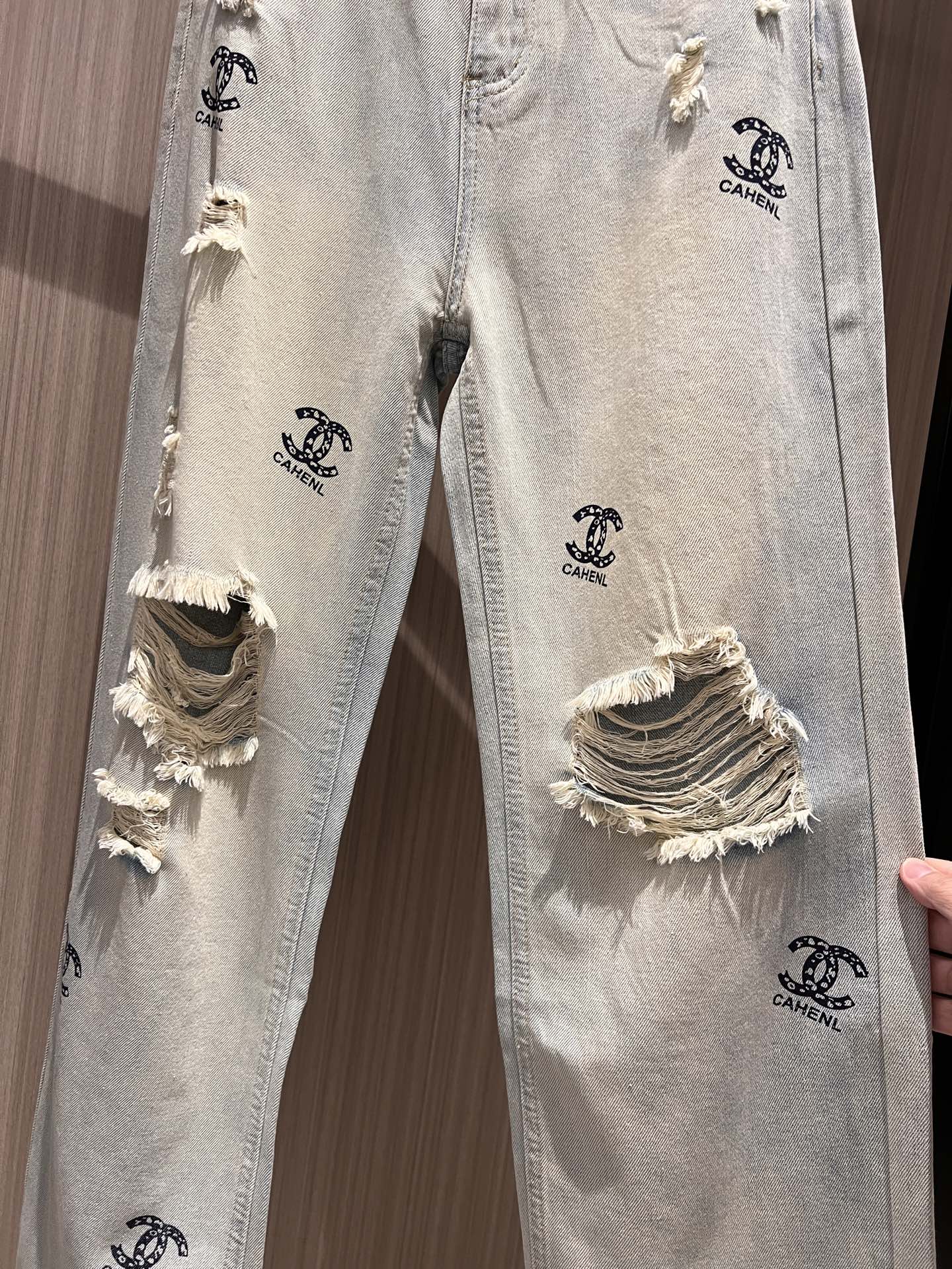 CC Double C Printed Ripped Jeans Retro Light Blue Cotton