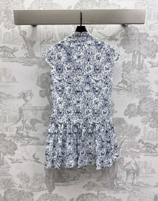 CD Short Dress White Cotton Muslin with Blue Butterfly Motif