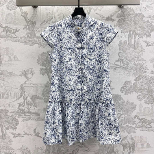 CD Short Dress White Cotton Muslin with Blue Butterfly Motif