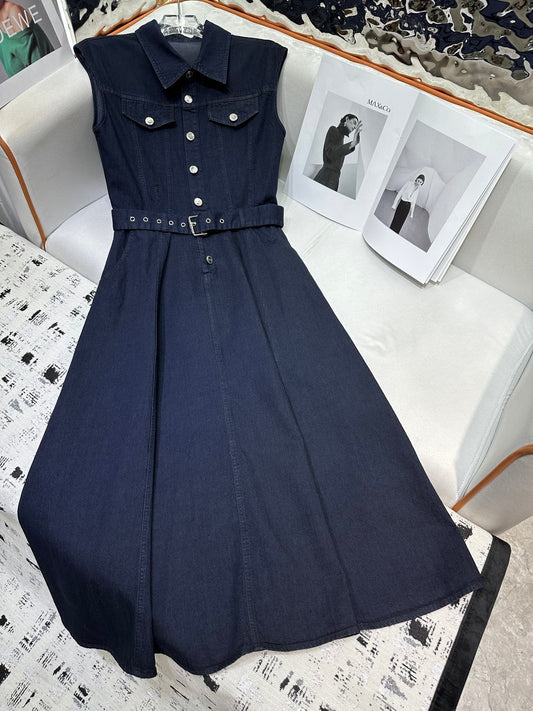 CD 25 Denim Sleeveless Dress Navy Blue and Blue Cotton