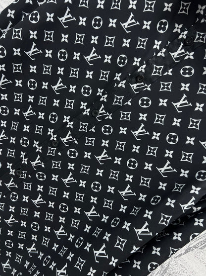 LV 25 Flower Barrage Print Lapel Shirt Black Polyester