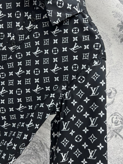 LV 25 Flower Barrage Print Lapel Shirt Black Polyester