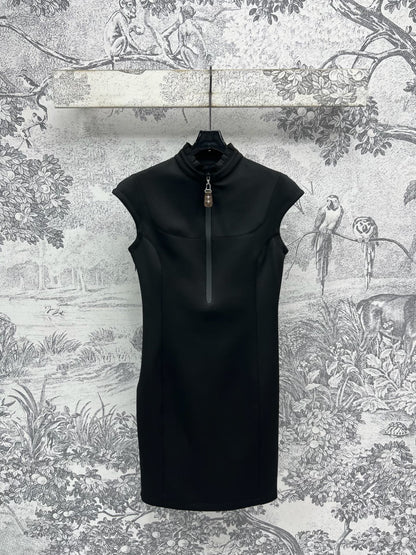 LV 25 Stand-Up Collar Ruffled Edges Dress Black Polyester