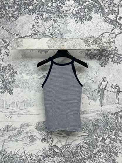 Celine 25 Embroidered Logo Striped Small Vest Navy Blue mix White Cotton