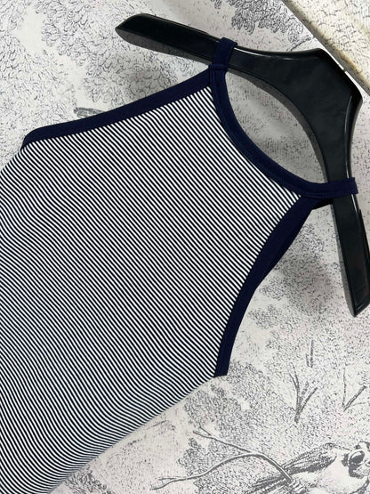 Celine 25 Embroidered Logo Striped Small Vest Navy Blue mix White Cotton