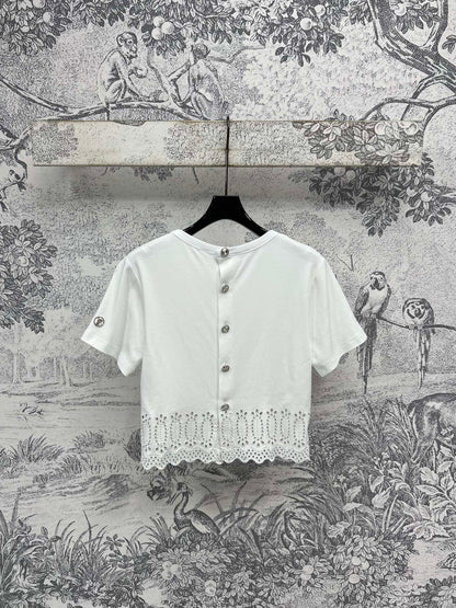 LV 25 Hollow Embroidery Design On The Hem T-Shirt White Cotton